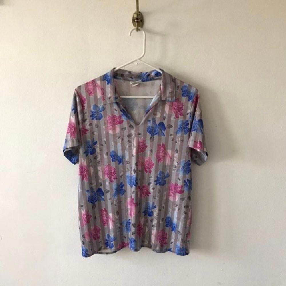 Vintage Floral Print Polo Shirt, 1970s, Haband for Her, Made in USA